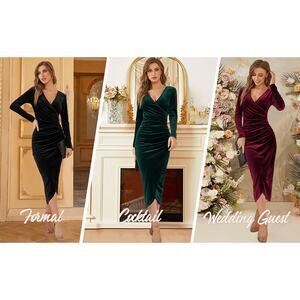 EUC Diras emerald Velvet Wrap V Neck Ruched Bodycon Cocktail Party Dress sz M